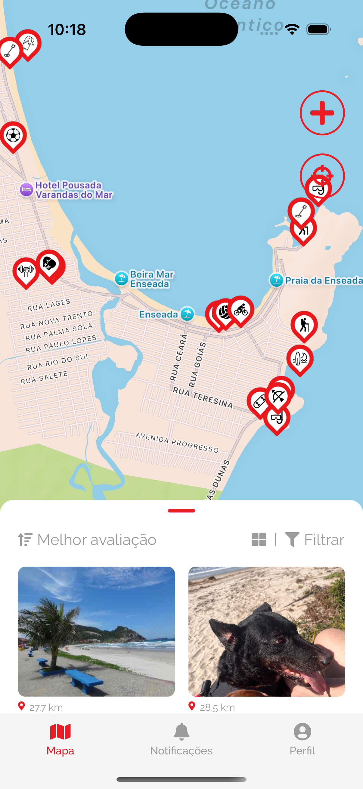 Interface do app Ativa mostrando lugares esportivos próximos